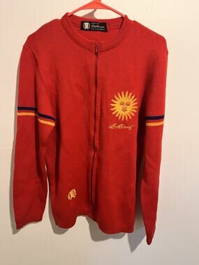 Vintage red knit “Creation Waldburger” Zip up Cardigan embroidered St Moritz sun